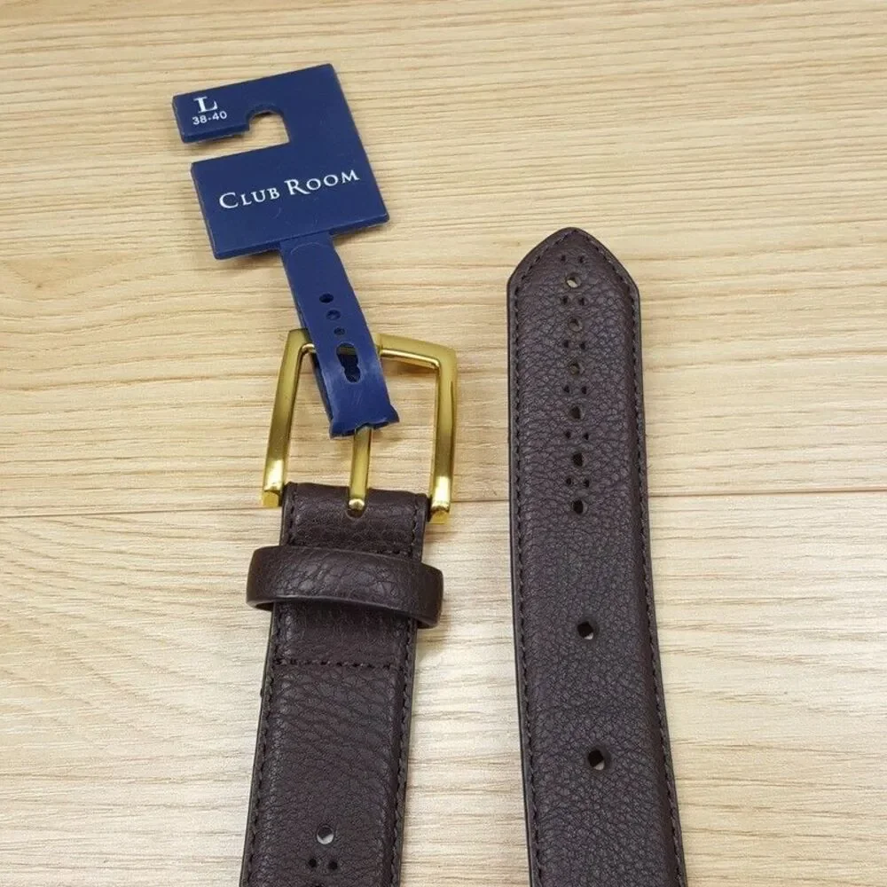 CLUB ROOM Belt Mens Size Large 38 40 Dark Brown Baroque Perforated Gold Buckle